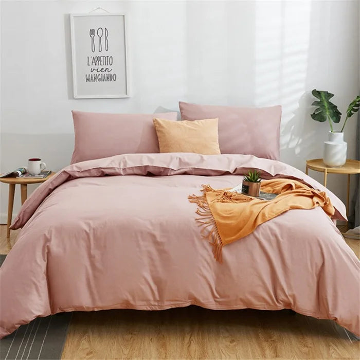 Afralia™ Cotton 4pcs Bedding Set Double Queen Solid Color Duvet Cover Flat Bed Sheet