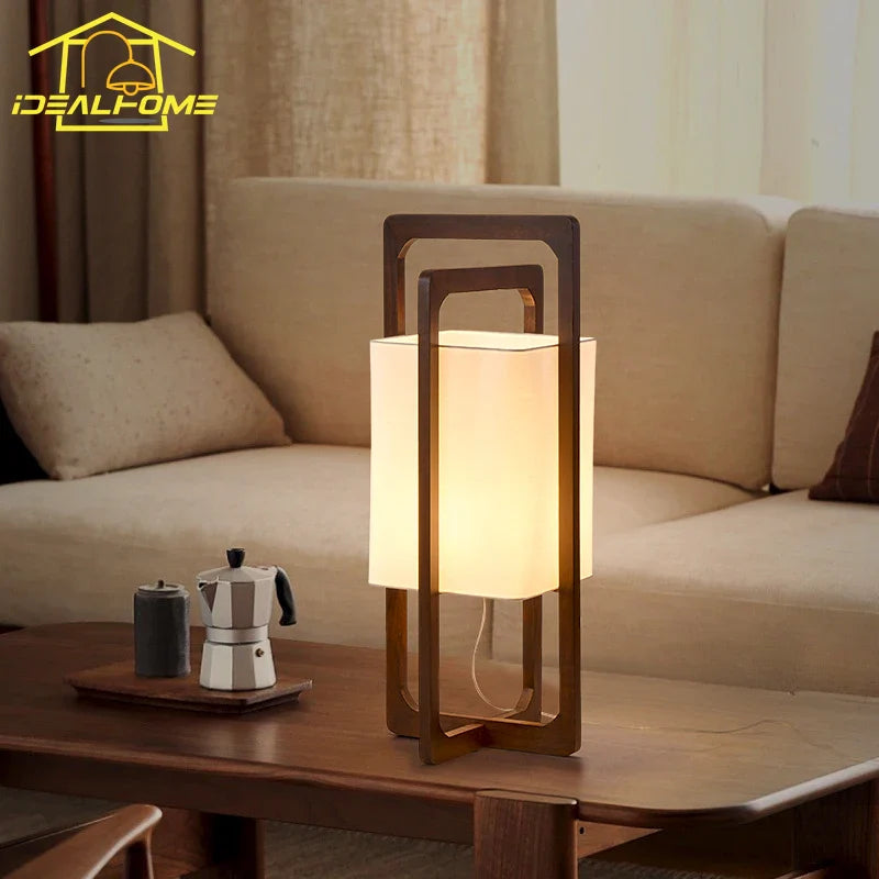 Afralia™ Zen Walnut Wood Table Lamp LED E27 Fabric Lampshade for Bedroom Living Room
