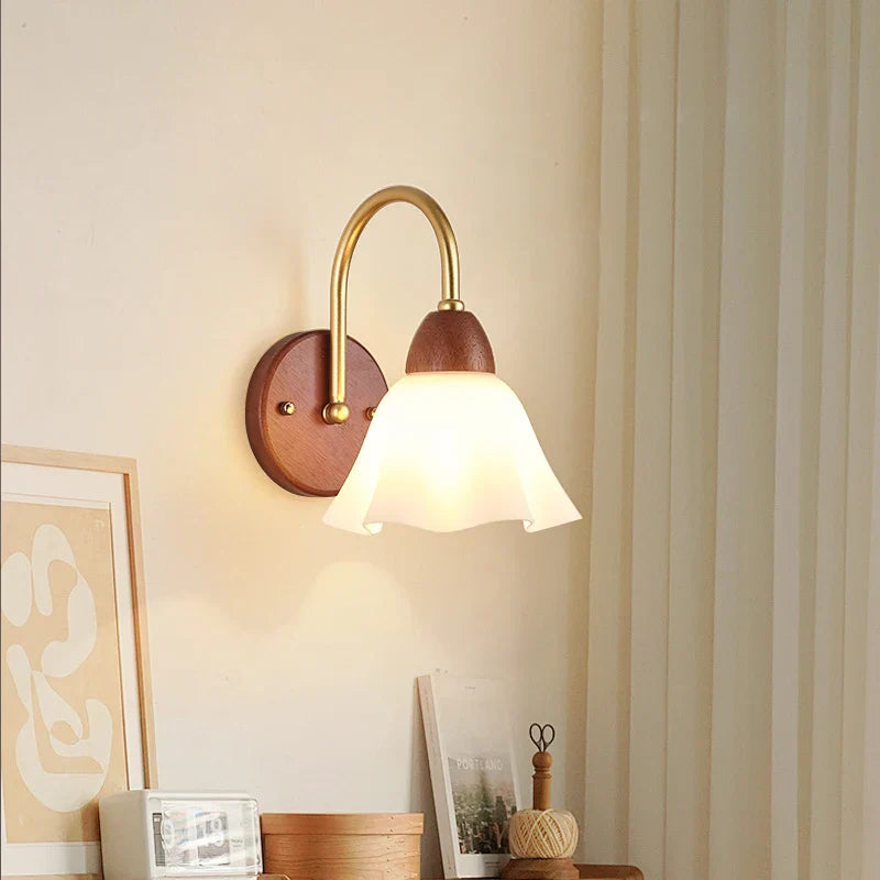 Afralia™ Wood Glass LED Wall Light Modern Bedside Lamp for Living Room & Bedroom