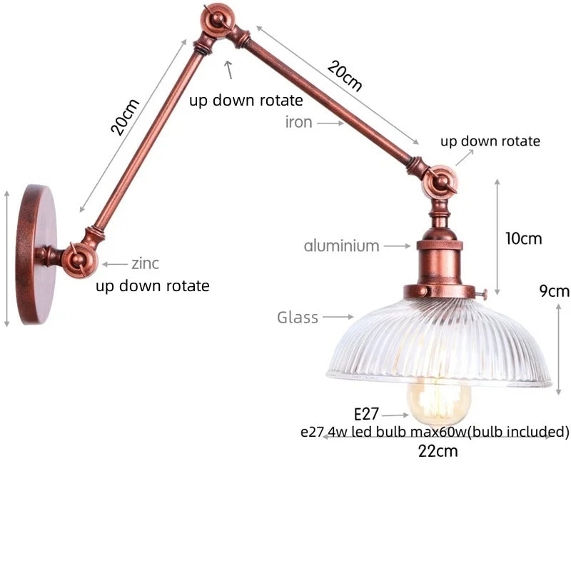 Afralia™ Vintage Loft LED Wall Light - Industrial Glass Iron Lamp