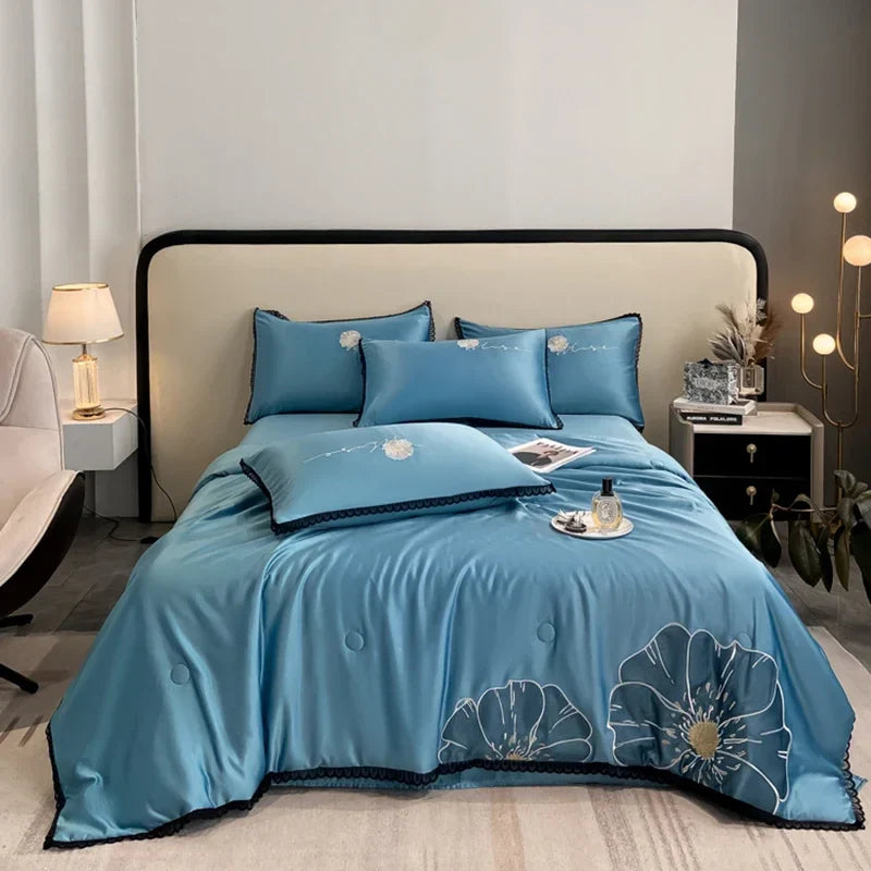 Afralia™ Luxe Flower Embroidered Cool Quilt Set - Lightweight, Silky, High-End Comfort