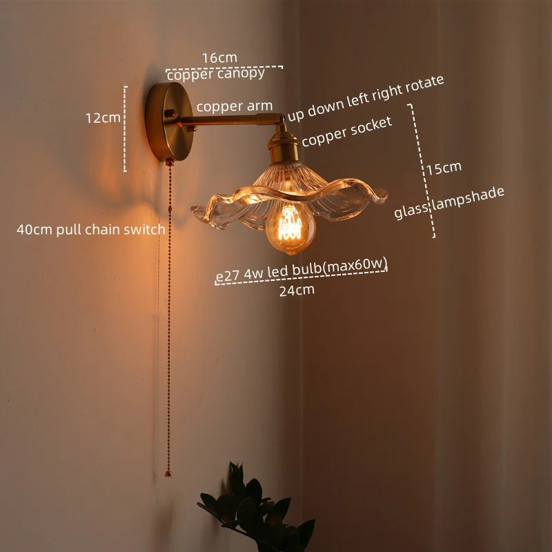 Afralia™ LED Glass Copper Wall Sconce Pull Chain Switch Lamp for Bedroom Living Room