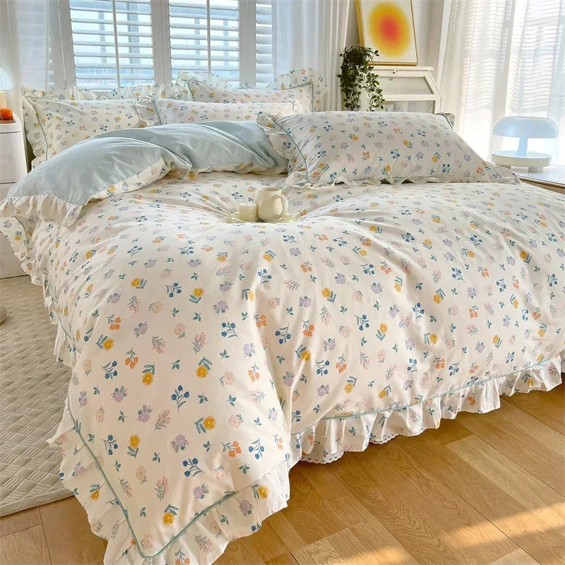Afralia™ Floral Princess 100% Cotton Duvet Set for Queen Size Bed