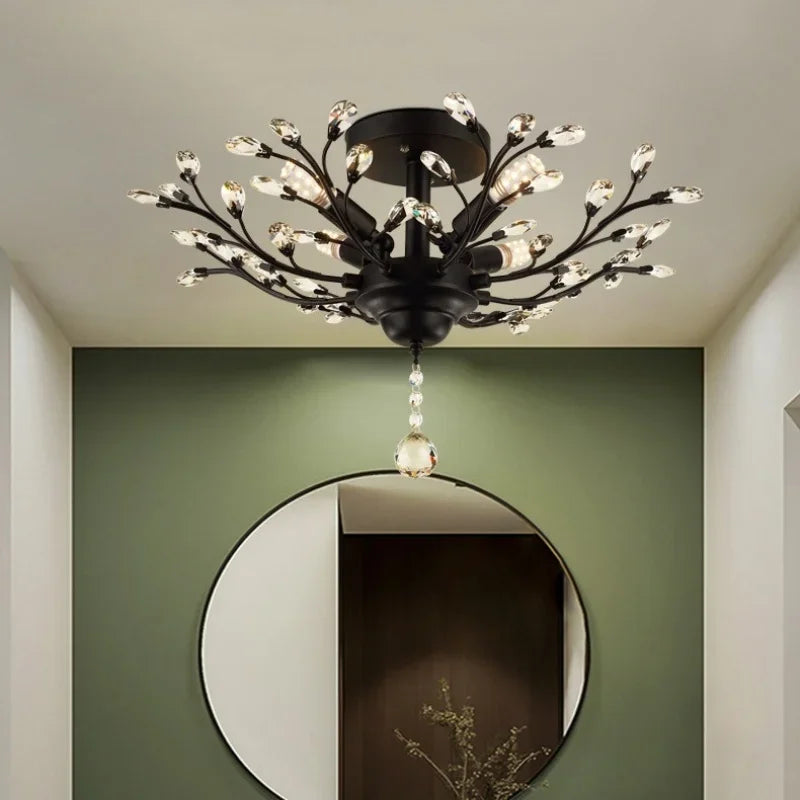 Afralia™ Retro Branch Black Crystal Chandelier, LED Pendant Light for Bedroom, Art Decor Lighting