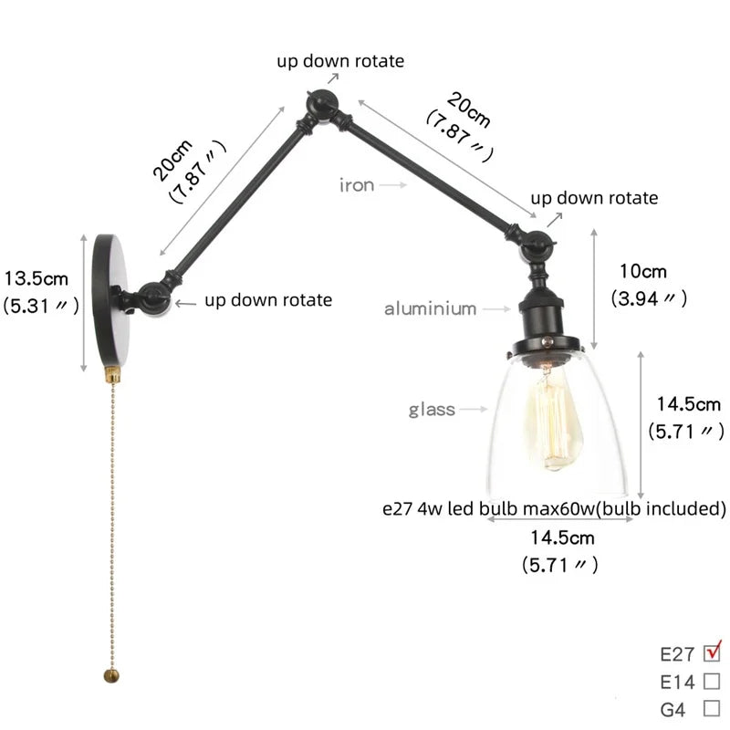 Afralia™ Black Vintage Wall Lamp White Glass Industrial Swing Arm Adjustable Bedside