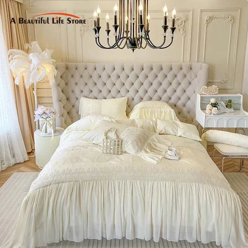 Afralia™ French Vintage Lace Ruffles Beige Cotton Princess Wedding Bedding Set