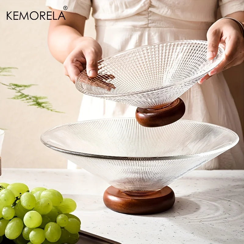 Afralia™ Creative Glass Fruit Plate with Wooden Base | Elegant Home Decor for Living Room Coffee Table