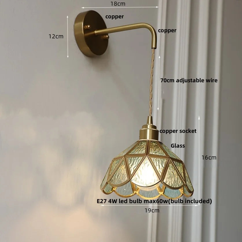 Afralia™ Tiffany Glass LED Wall Sconce Pull Chain Switch Bedroom Foyer Lamp