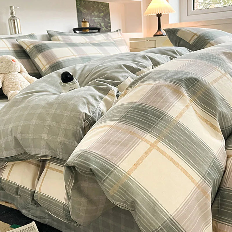 Afralia™ Grid Print Cotton Bedding Set for Single Double Beds