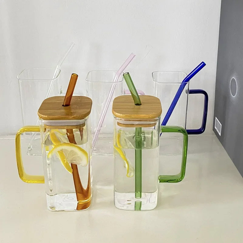 Afralia™ 350ML Square Mug with Lid & Straw, Colored Handle Layer Drinking Glass for Beverages