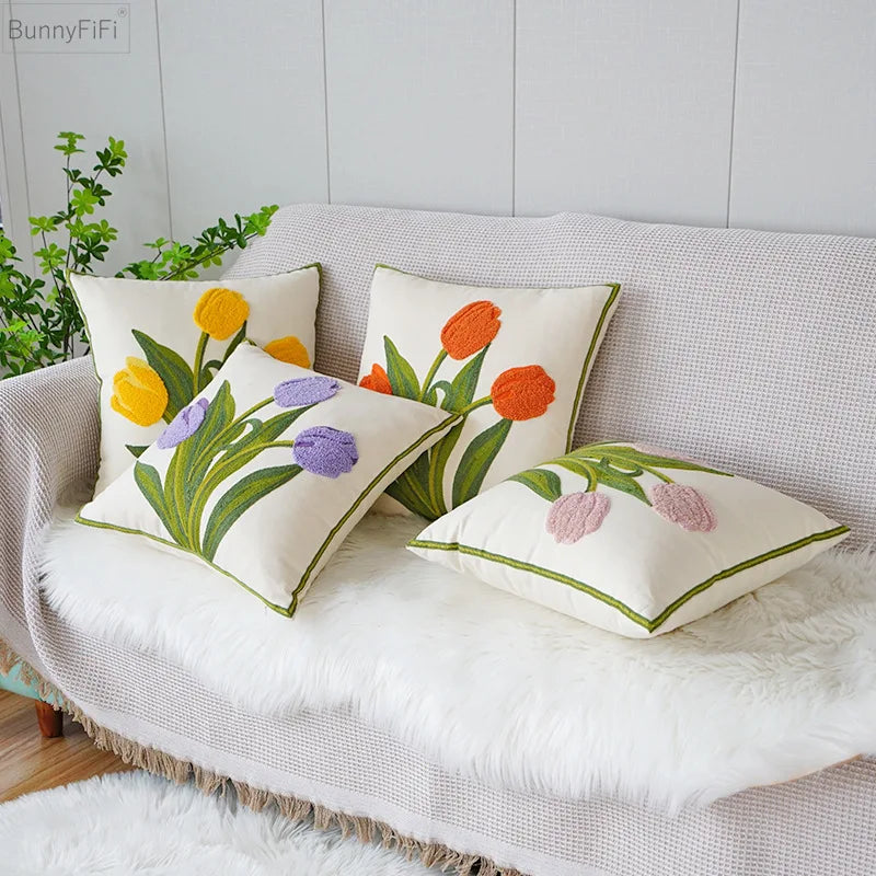 Afralia™ Green Tulip Embroidery Pillowcase 45X45CM - Sofa Bed Office Car Chair Cover