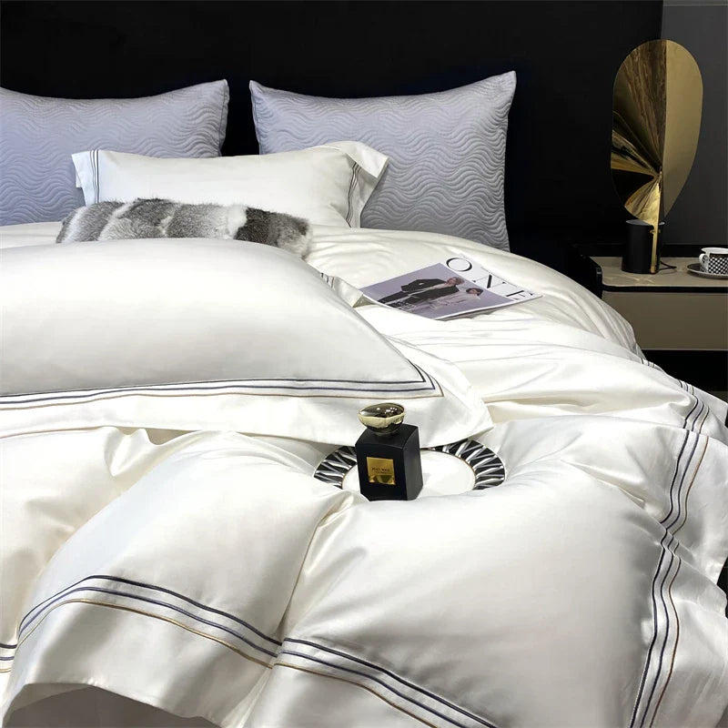 Afralia™ Luxury Egyptian Cotton Embroidery Bedding Set - Soft & Silky Pearl White