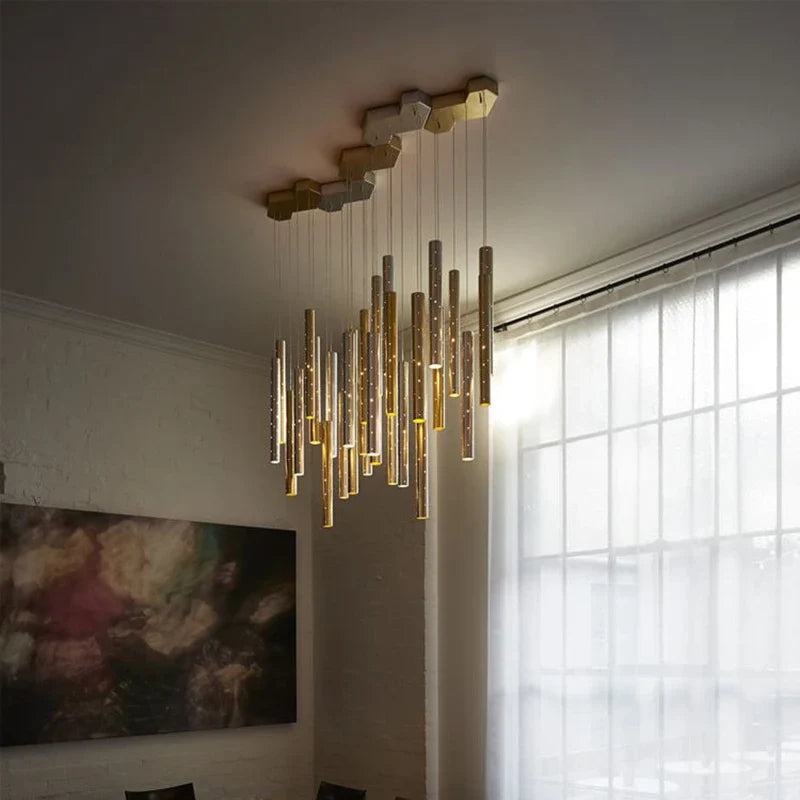 Afralia™ Long Tube LED Chandelier for Home, Restaurant - Gold/Silver Lighting Fixture