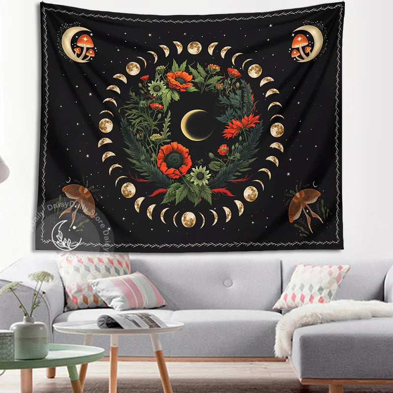 Afralia™ Moon Phase Flower Moth Tapestry: Psychedelic Floral Boho Wall Decor