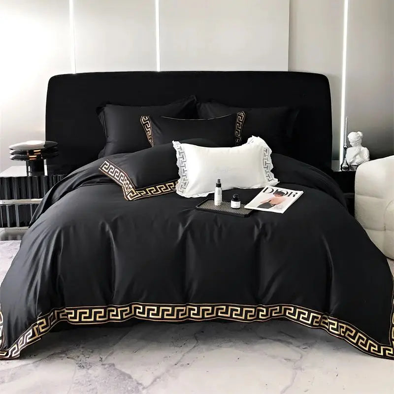 Afralia™ Gold Embroidery Duvet Set, Black Egyptian Cotton Bedding, 1000TC, Double King Queen