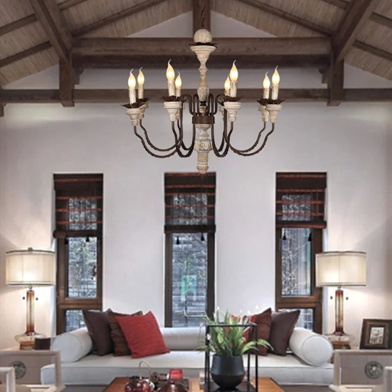 Afralia™ Retro Craft Solid Wood Heads Chandelier for Living Room Farmhouse Church Villa