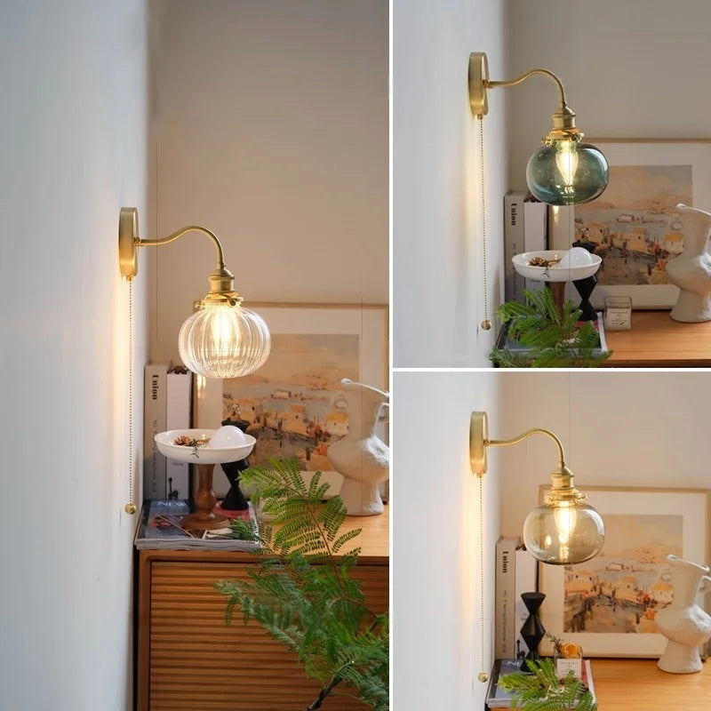 Afralia™ Green Class Ball LED Wall Light Fixture, Copper Socket, Pull Chain Switch