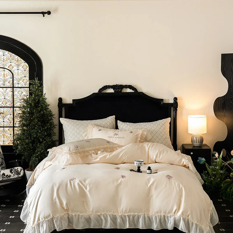 Afralia™ Vintage Rose Embroidery Lace Princess Wedding Bedding Set