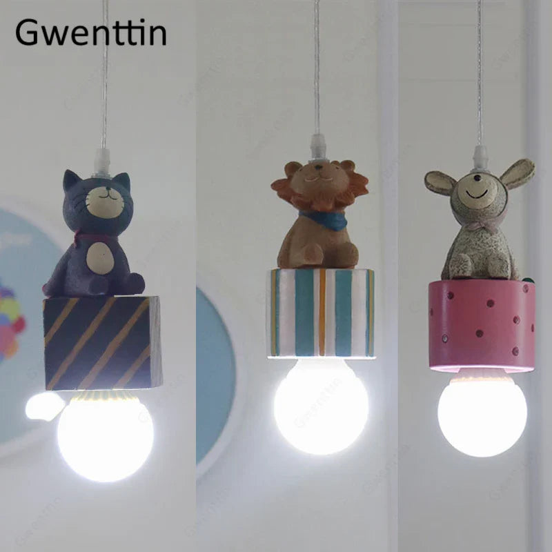 Afralia™ Kids Animal Pendant Lamp: Rabbit Lion Cat LED Ceiling Light Fixture