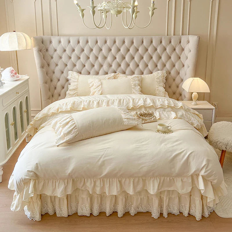 Afralia™ Princess Style Lace Ruffles Bedding Set with Pillowcase 4Pcs