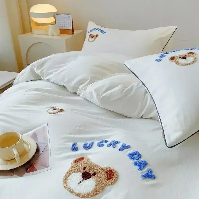 Afralia™ Cute Bear & Sheep Embroidery Bedding Set for Single/Double Bed