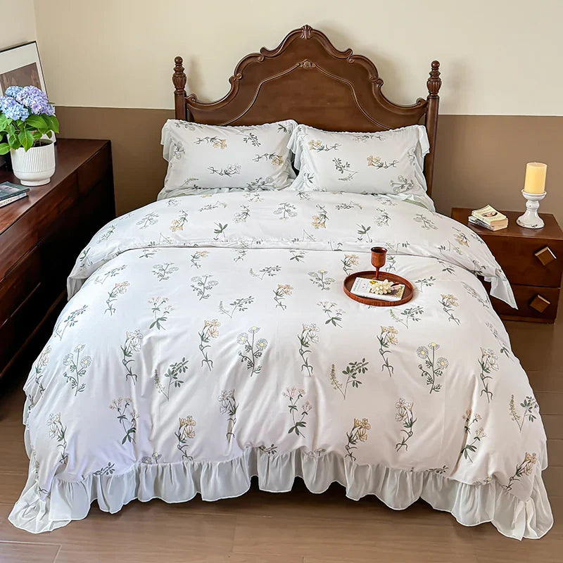 Afralia™ French Flowers Lace Ruffles Princess Bedding Set with Bed Sheet Pillowcases
