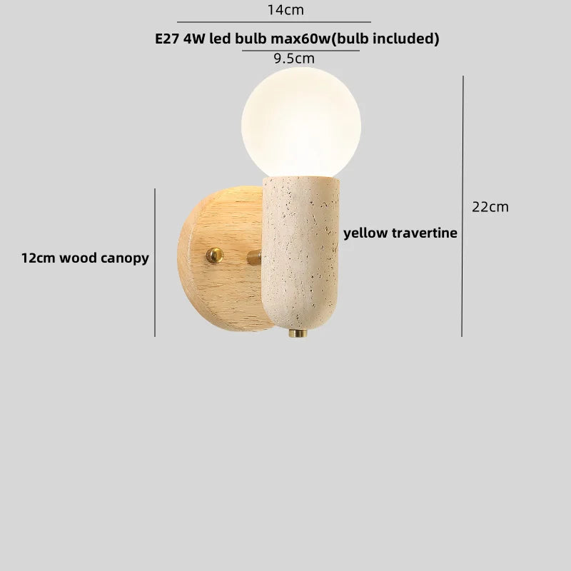 Afralia™ LED Wall Light Fixture Travertine Stone Wood Canopy Bedside Lamp