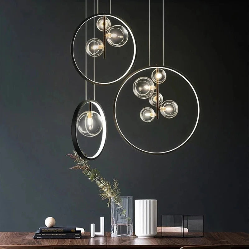 Afralia™ Nordic LED Pendant Metal Ring Chandelier, Elegant Living Room Ceiling Lamp