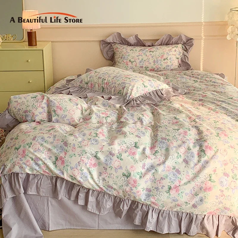 Afralia™ French Floral Cotton Bedding Set with Big Lace Ruffles, Fresh Flowers