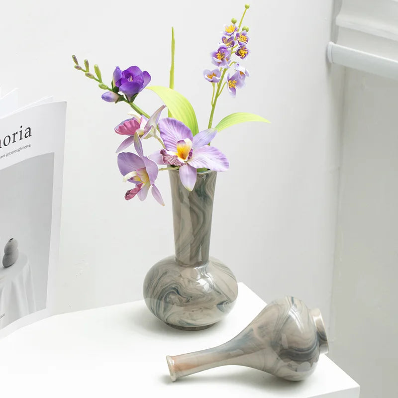 Afralia™ Marble Ceramic Vase Chinese Vintage Bottle Flower Arrangement Living Room Ornament