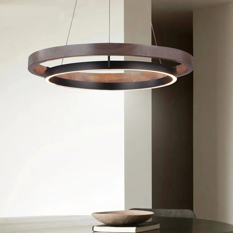 Afralia™ Wood Grain Chandelier: Minimalist Round LED Hanging Light Fixture for Home Decor