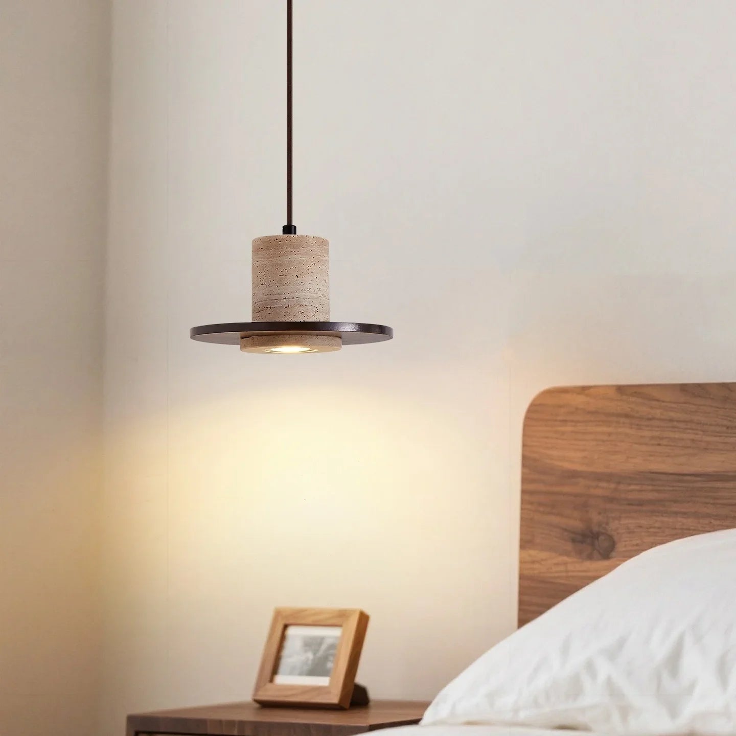 Afralia™ Stone Wood LED Pendant Lights Yellow Travertine Vintage Hanging Lamp