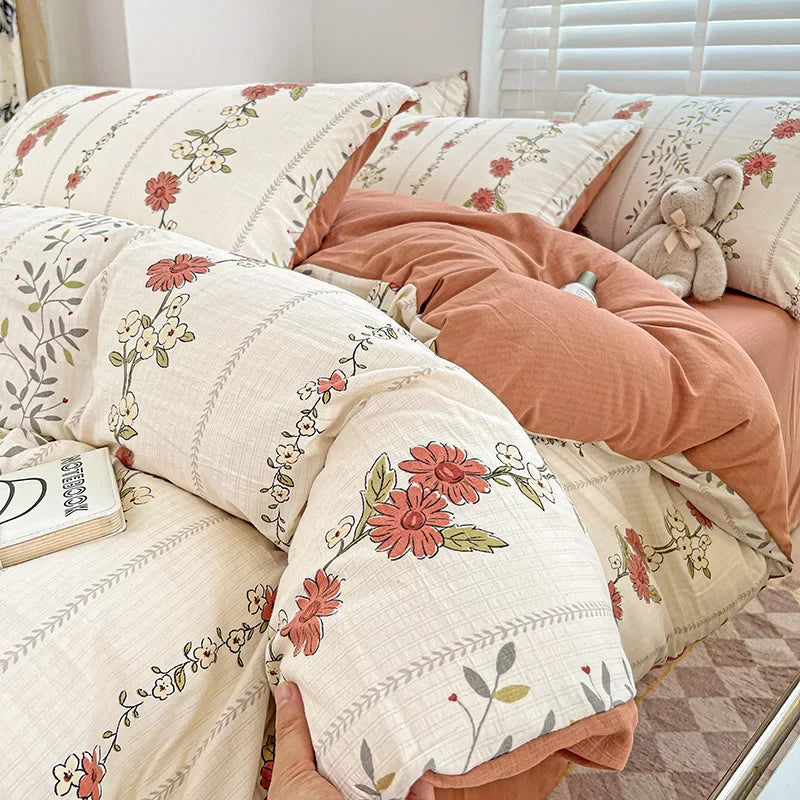 Afralia™ Cotton Flower Printed Comforter Set: Breathable Double-Layer Yarn, Soft Bedding for Girls
