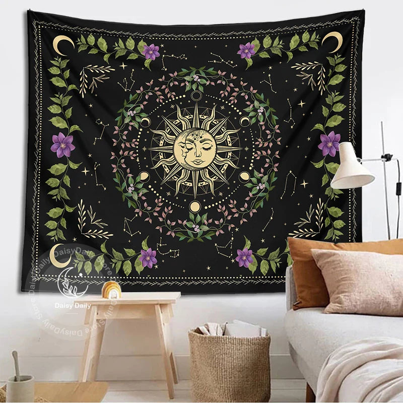 Afralia™ Botanical Moon Phase Floral Tapestry Wall Hanging for Cottagecore Dorm Decor