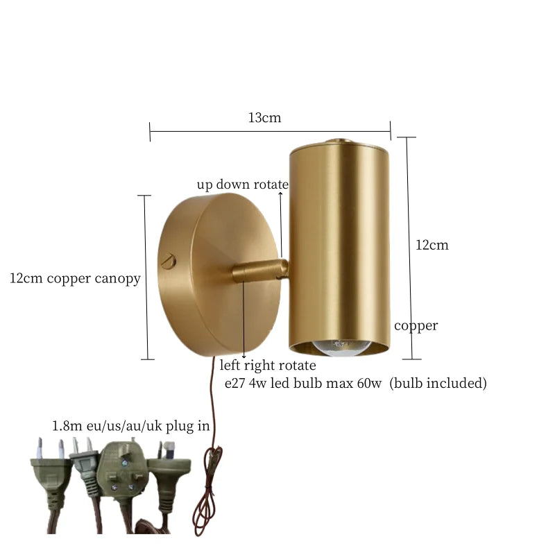 Afralia™ Nordic Copper LED Wall Lamp Pull Chain Switch Wandlamp