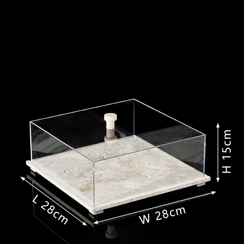 Acrylic Display Case on Travertine Base by Afralia™ for Collectibles, Figurines, Desserts