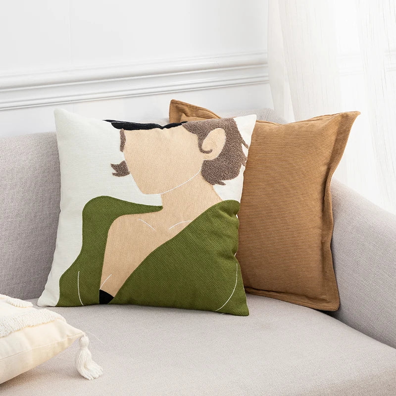 Green Black Line Embroidery Pillow Cover by Afralia™ for Modern Home Decor