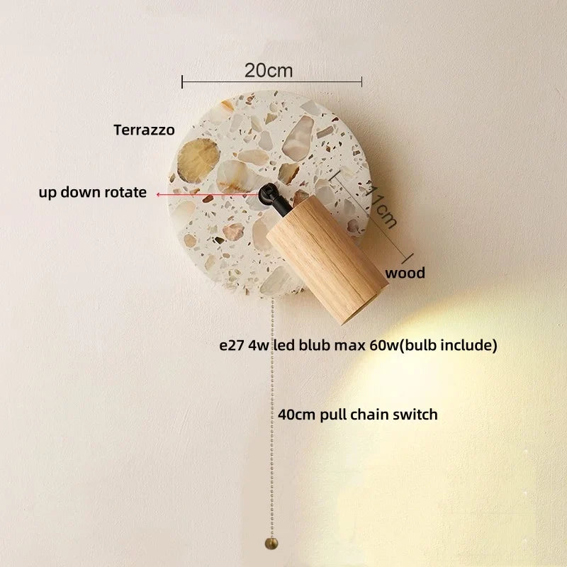 Afralia™ Terrazzo LED Wall Lights Iron Rotate Pull Chain Switch Wood Bedside Lamp