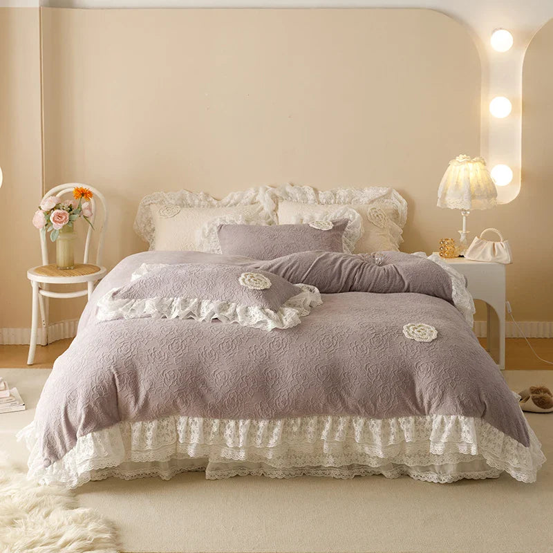 Afralia™ Luxe Carved Velvet Lace Ruffles Bedding Set with Quilted Bed Skirt
