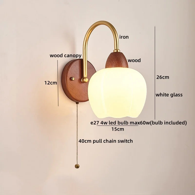 Afralia™ Wood Glass LED Wall Light Modern Bedside Lamp for Living Room & Bedroom