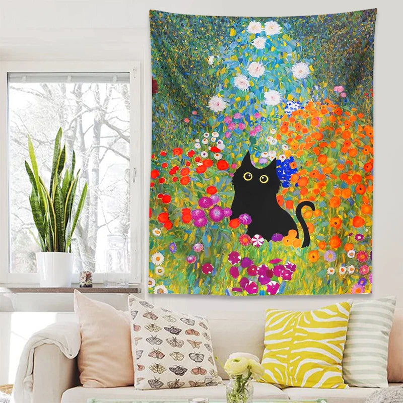 Afralia™ Garden Cat Tapestry Wall Hanging - Psychedelic Bohemia Room Art Home Decor