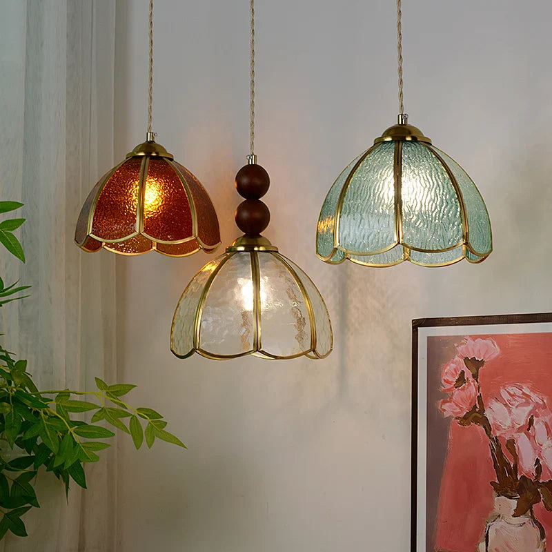 Afralia™ Tiffany Wood Globe LED Pendant Lamp for Kitchen Cafe Reading, Gold Copper Blue Glass