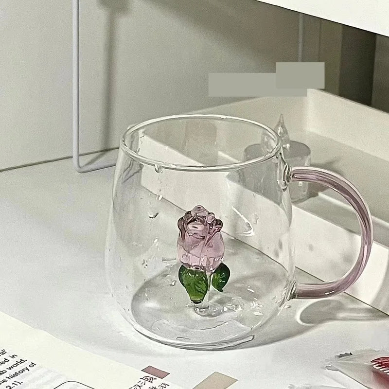 Afralia™ 3D Rose Glass Breakfast Cup with Handle for Juice, Coffee, Tea, Milk