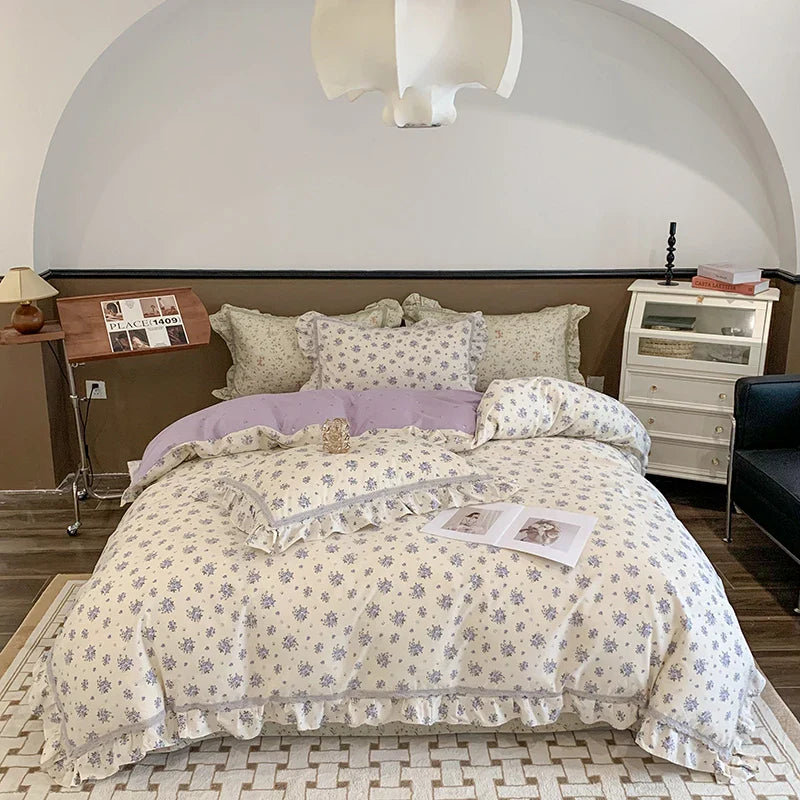 Afralia™ French Floral Bedding Set, 100% Cotton, Ruffles, Duvet Cover, Bed Sheet, Pillowcases