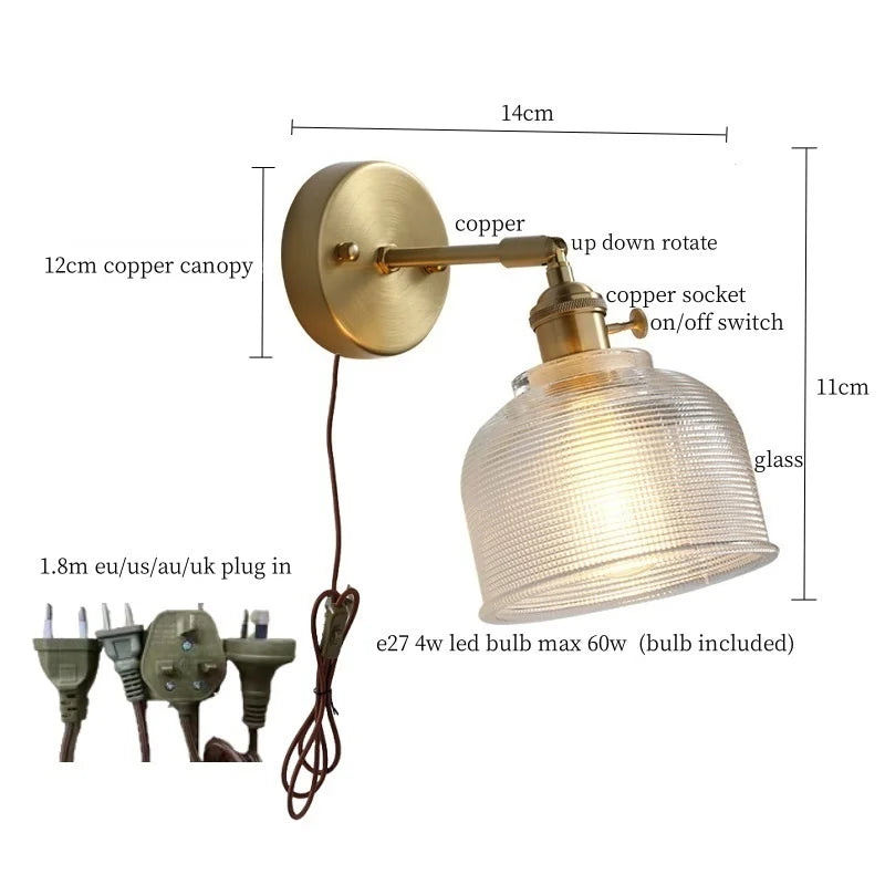 Afralia™ Clear Brass Glass LED Wall Lamp Pull Chain for Living Room Bedroom Loft