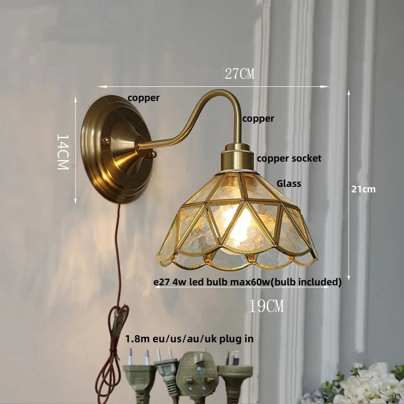 Afralia™ Vintage Green Glass LED Wall Sconce with Copper Knob Switch