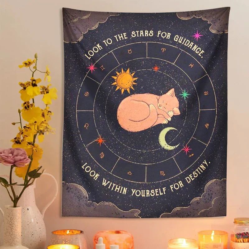 Afralia™ Tarot Cat Zodiac Astrology Sun Moon Wall Hanging Tapestry for Home Decor