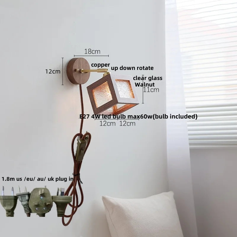 Afralia™ Glass LED Wall Light Walnut Wood Sconce Fixture Modern Nordic Lampara