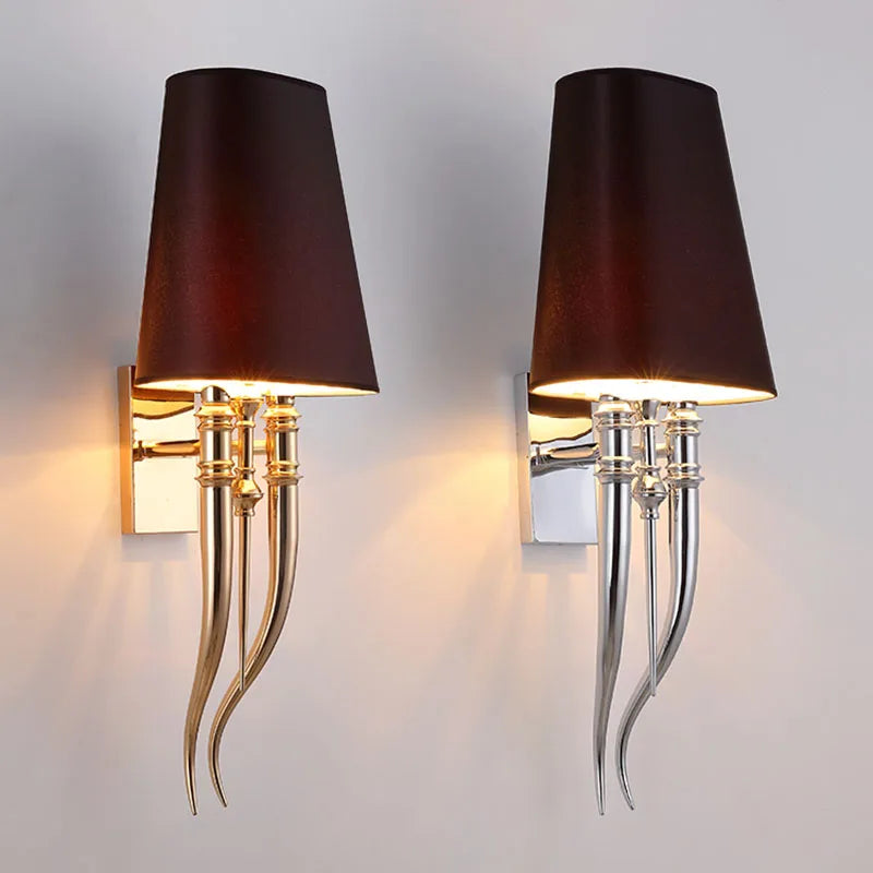 Afralia™ Iron Claw Horn Wall Sconce with Cloth Lampshade for Bedroom and Living Room