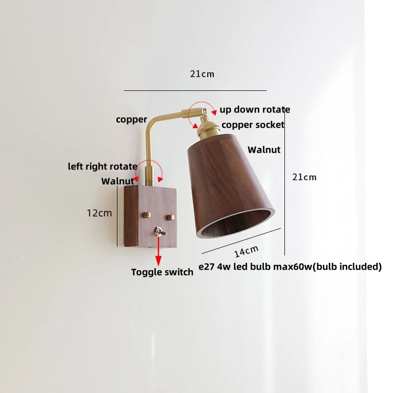 Afralia™ Walnut Wood LED Wall Sconce Vintage Copper Toggle Switch Light